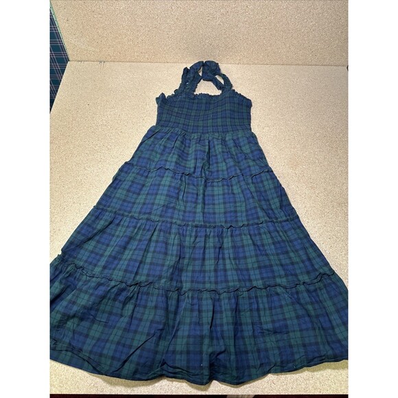 J Crew Women's Blackwatch Plaid Smocked Tiered Midi Dress Size M Blue Green D3 - Picture 4 of 6